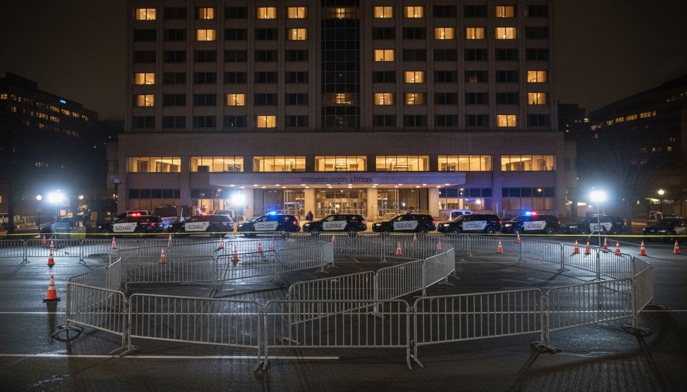 Washington Hilton hotel exterior at night with security barriers, police vehicles, and flashing emergency lights.