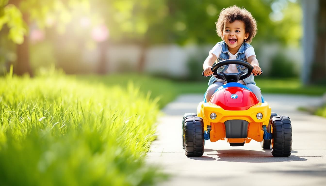 EVA vs Plastic Tires for Kids Ride-On (Grip, Noise, Wear) 5 Child riding a colorful ride-on with EVA tires on a sunny backyard path