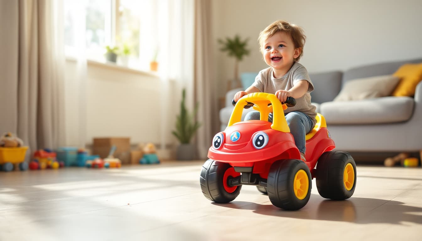 EVA vs Plastic Tires for Kids Ride-On (Grip, Noise, Wear) 9 Child riding a budget ride-on with hard plastic tires on a smooth tile floor