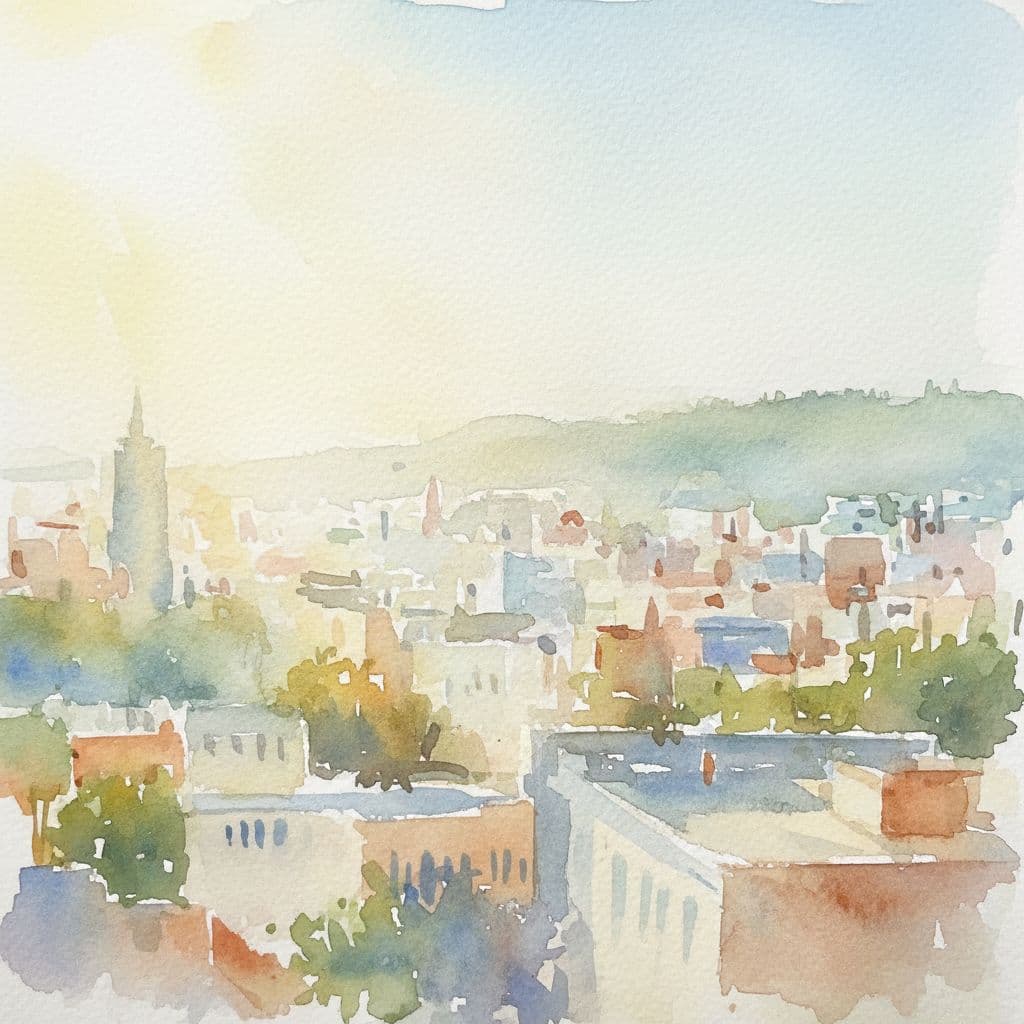 A watercolor painting depicts a blurred city skyline seen through an open window.