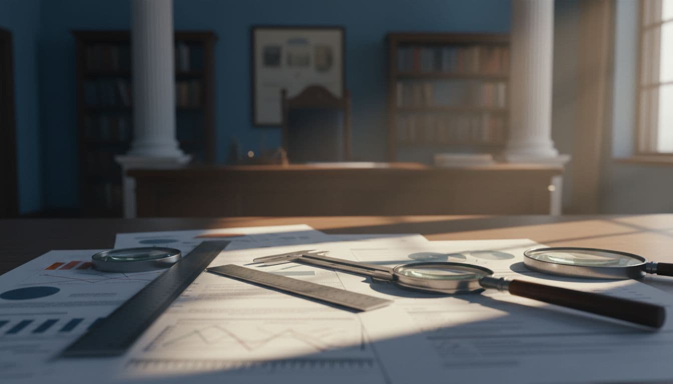 Rulers and magnifying glasses positioned over document pages with strong contrasts and dramatic shadows.