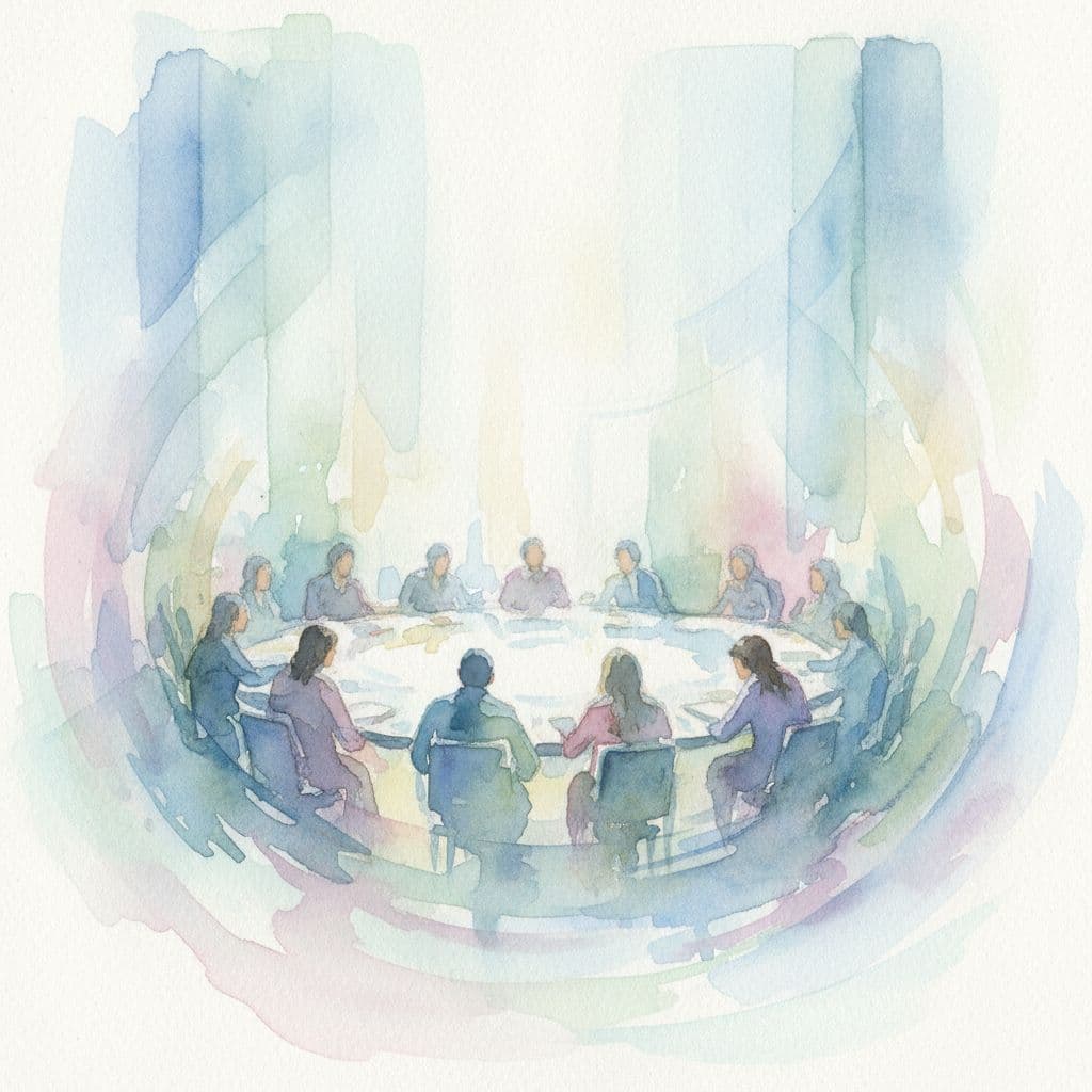 Soft brush strokes in subtle colors evoke open discussion atmosphere in bright room.