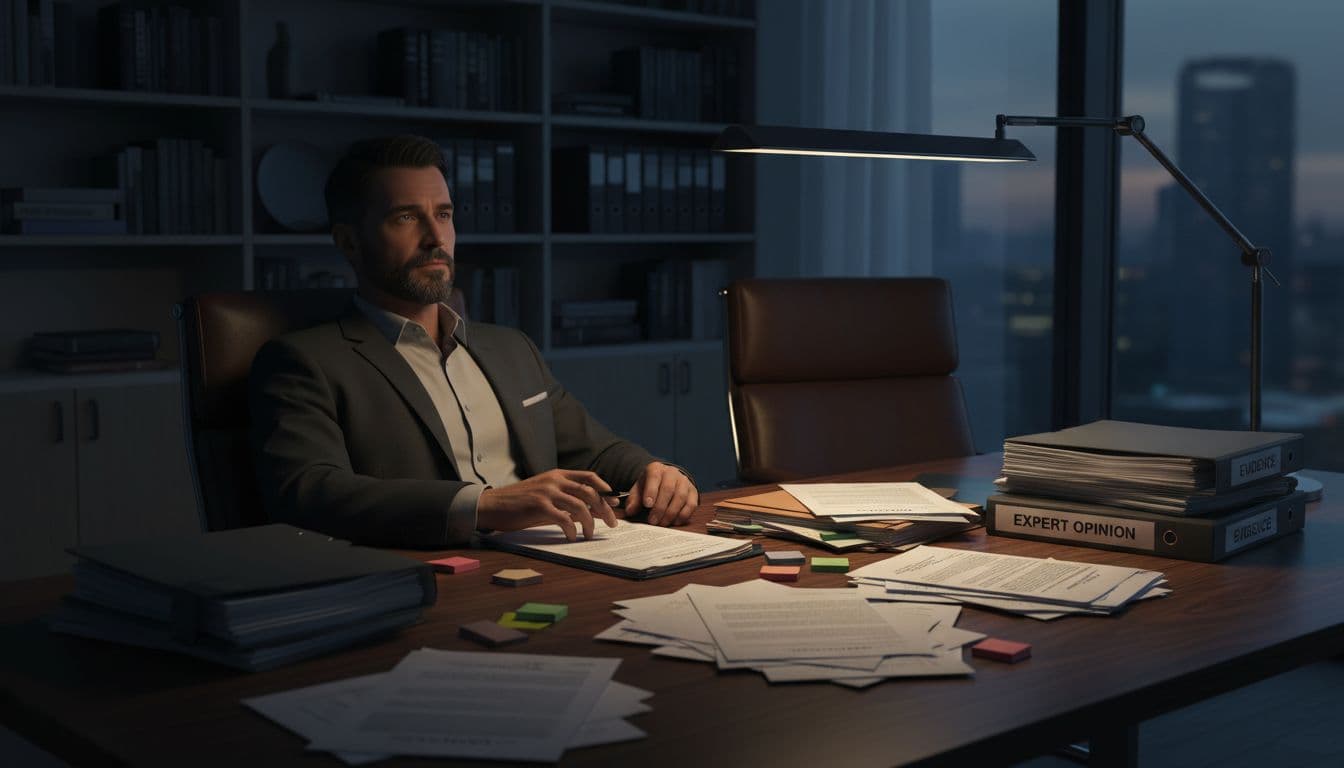 Ein Anwalt sitzt entspannt am Konferenztisch mit Schriftsätzen, Beweisanträgen und Gutachten, Hände auf markierten Papieren, beleuchtet von Schreibtischlampe im modernen Büro.
