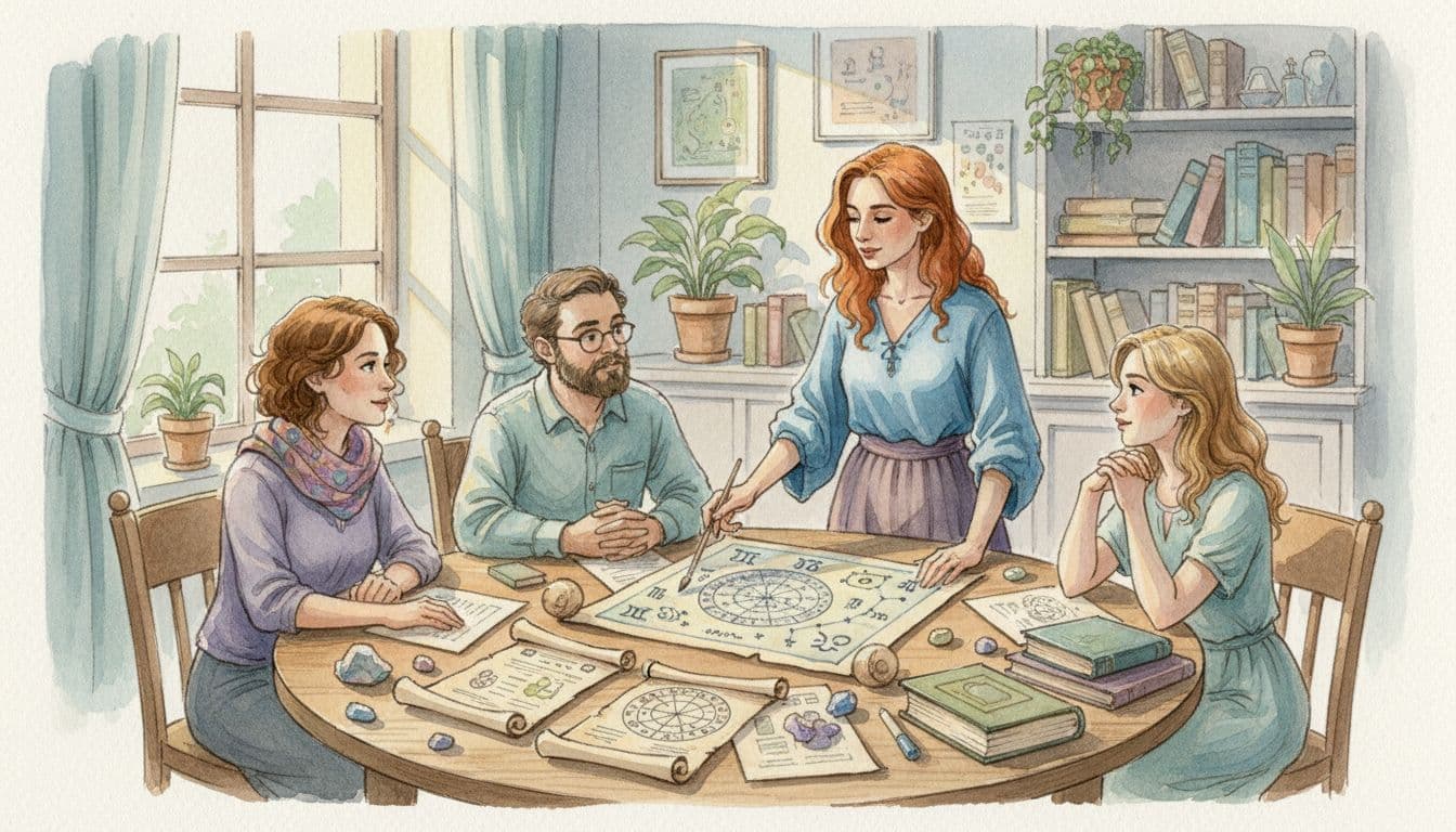 Lecturer points to star chart on table with three adult students in sunlit small room, watercolor style.