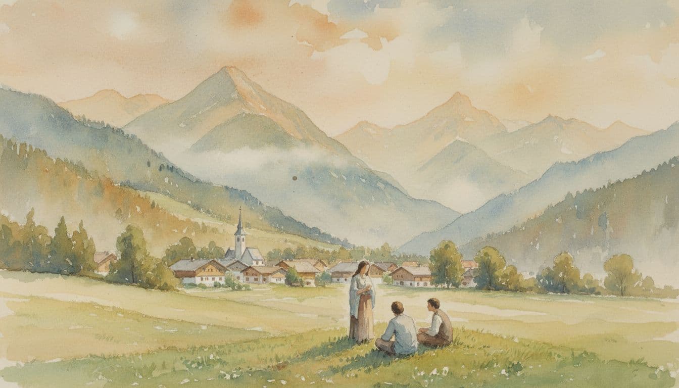 Watercolor landscape of Austrian Alps with distant village and three people gathering peacefully.