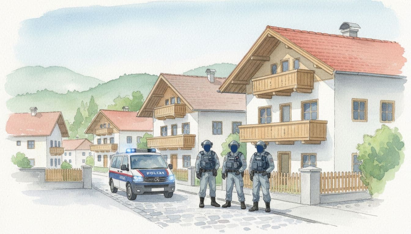 Three faceless uniformed officers with gear stand before houses, one police vehicle on street amid Austrian buildings, watercolor style.