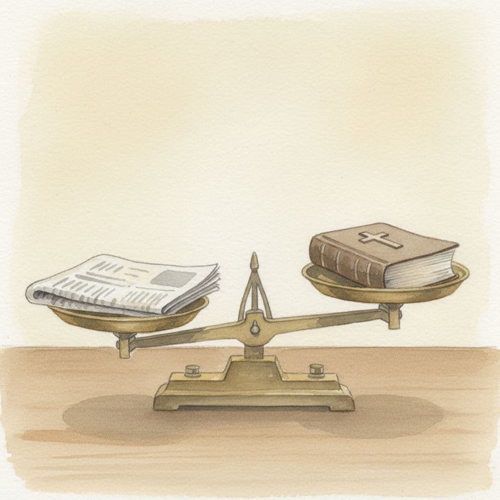Balance scale on a table holds newspaper on one side and Bible on the other.