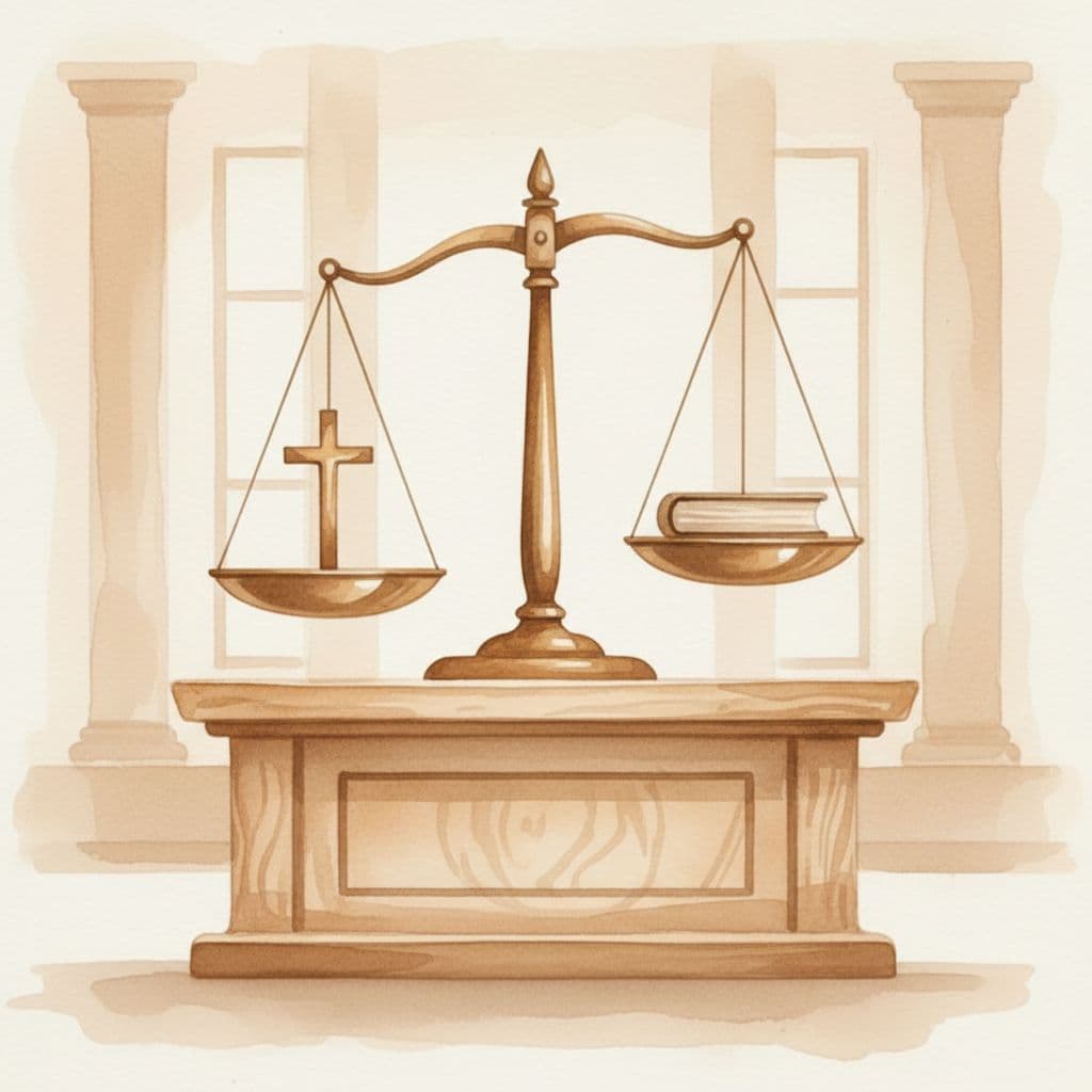 Scales with cross and book balanced on judge's table in minimalist courtroom, watercolor style.
