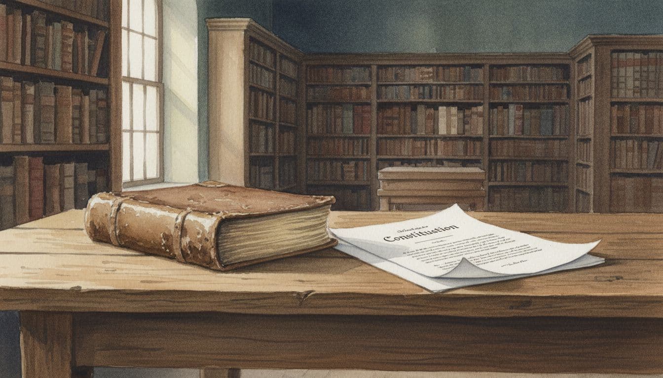 Watercolor painting of open ancient Bible left and modern constitution right on wooden table in dimly lit library with bookshelves.