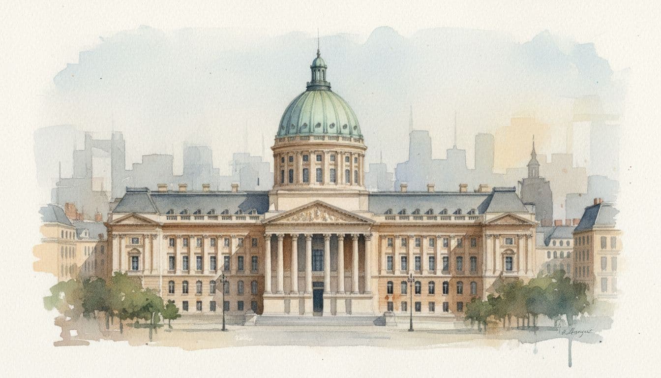 Watercolor painting of central court building in urban Brussels setting with brush texture.