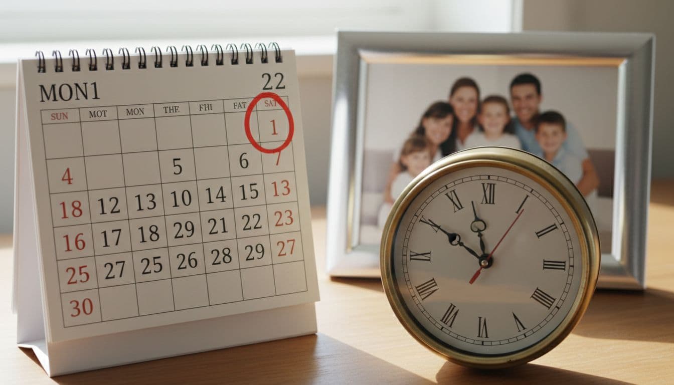 Desk calendar with red circle around future date next to ticking analog clock, family photo frame in background.