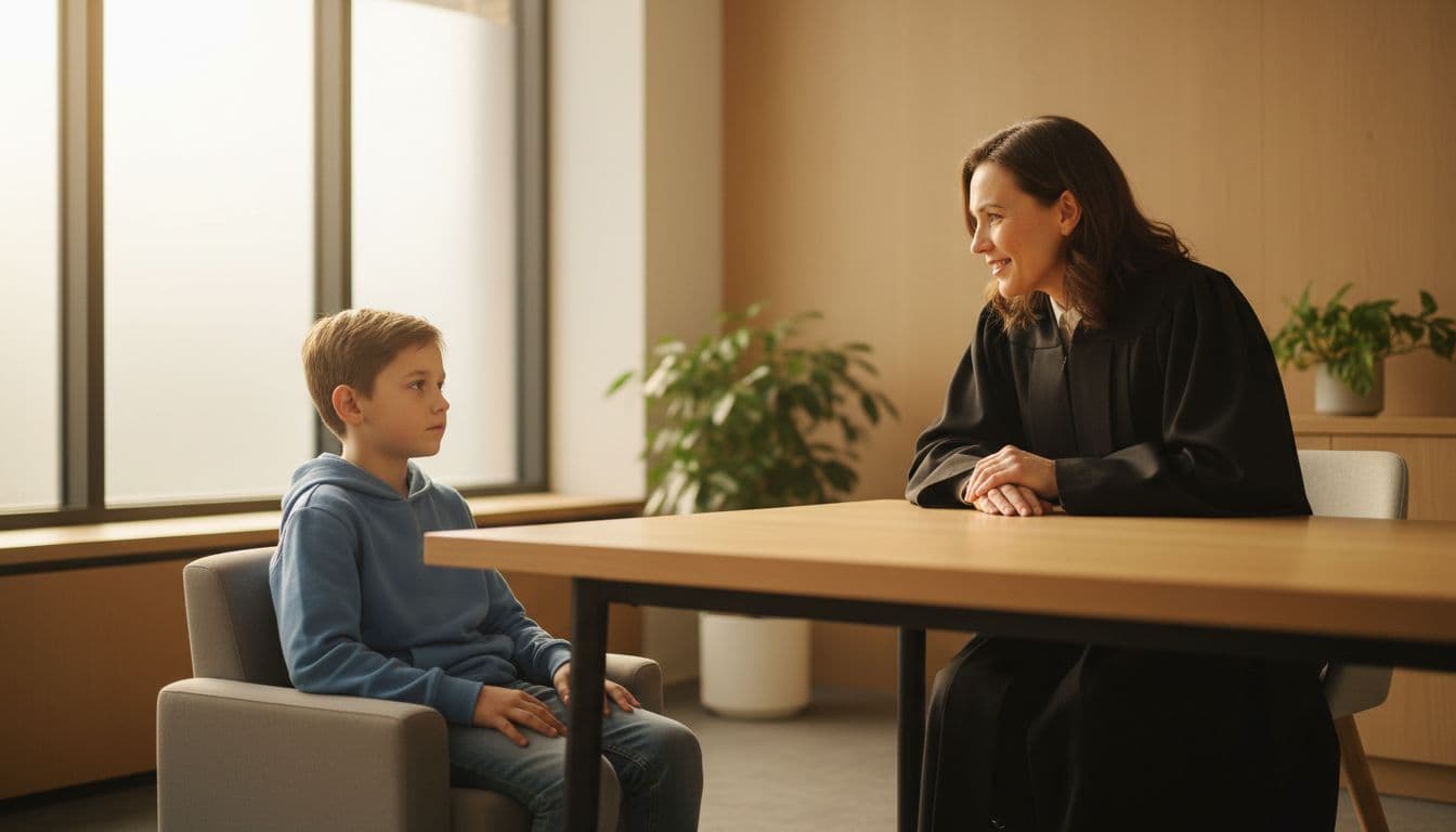 A calm 10-year-old child sits comfortably across from a friendly judge in a modern family courtroom, with soft natural lighting and warm tones emphasizing a child-friendly environment.