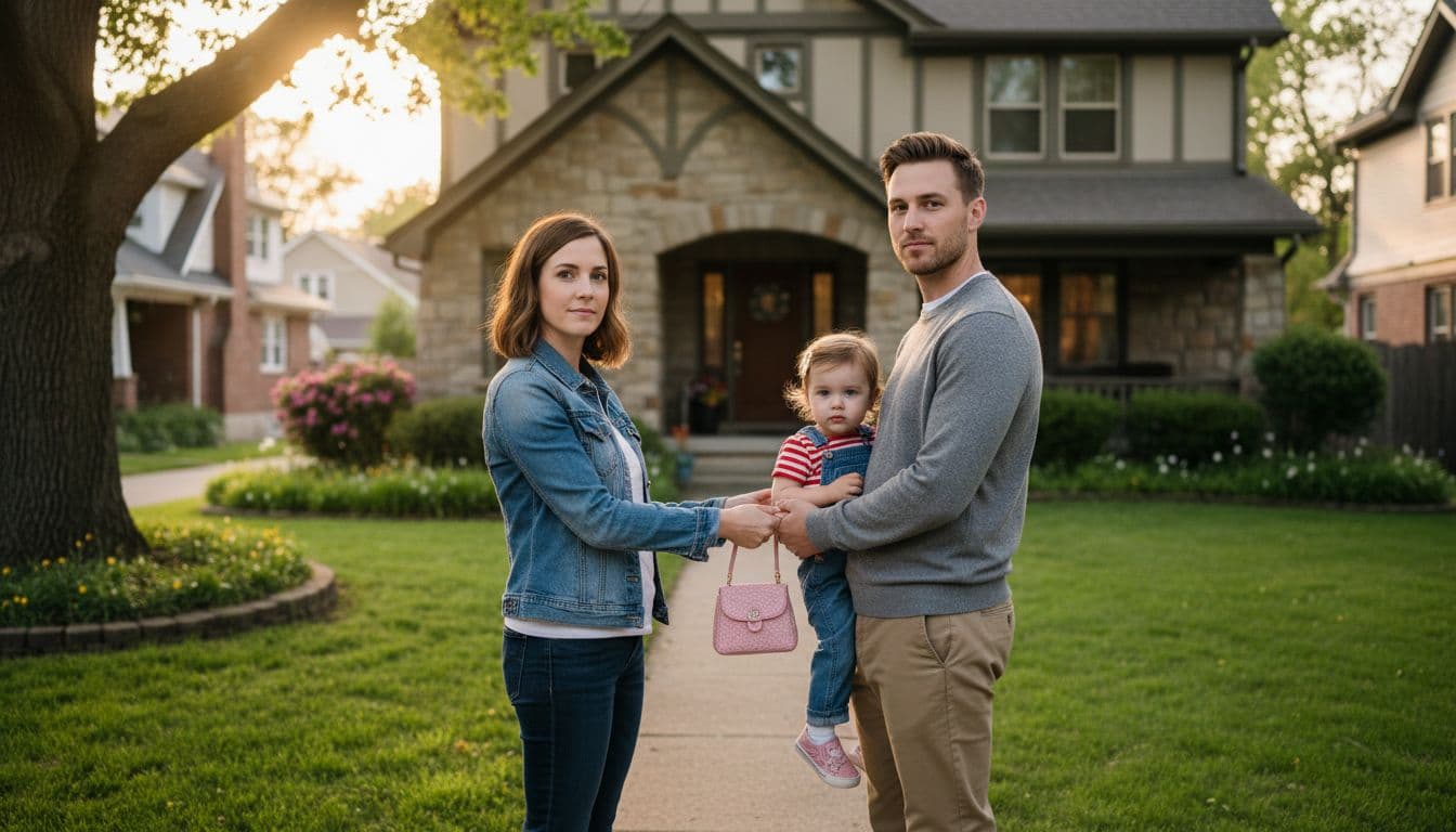 Two parents stand before a house, one handing a small child holding a handbag to the other with neutral expressions.