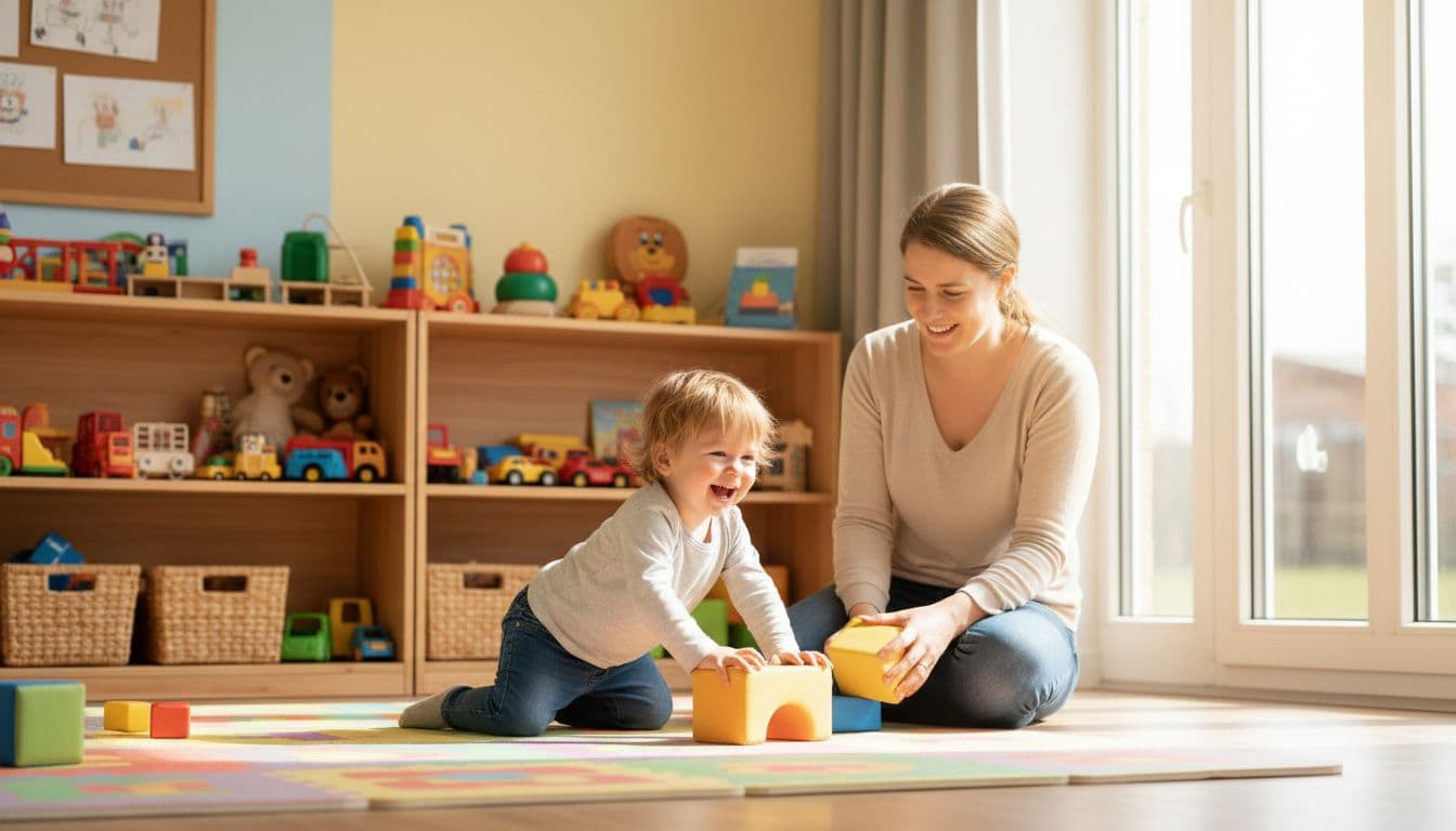 Small child plays in bright daycare with caregiver, toy shelves in background, natural light from windows.
