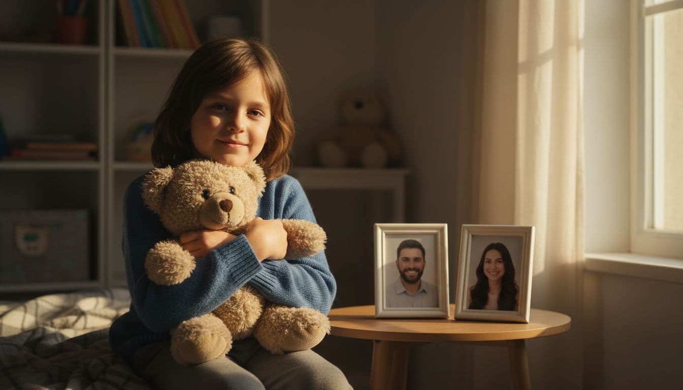 A 6-8 year old child sits calmly in a bright, cozy children's room with photos of father and mother on a nearby table, holding a stuffed animal and smiling relaxedly. Warm afternoon light through the window creates a cinematic atmosphere emphasizing security and bonding to both parents.