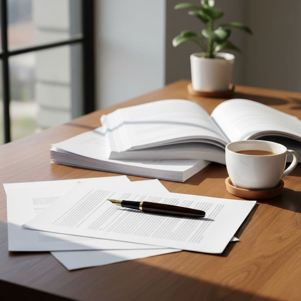 Clean desk with paper documents, fountain pen, and coffee cup in daylight.