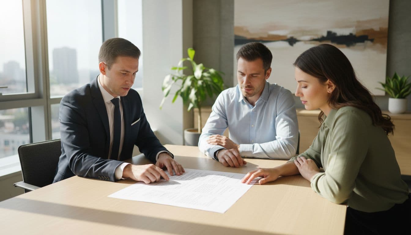 Consultant points to report on table while discussing with parent couple in modern office.