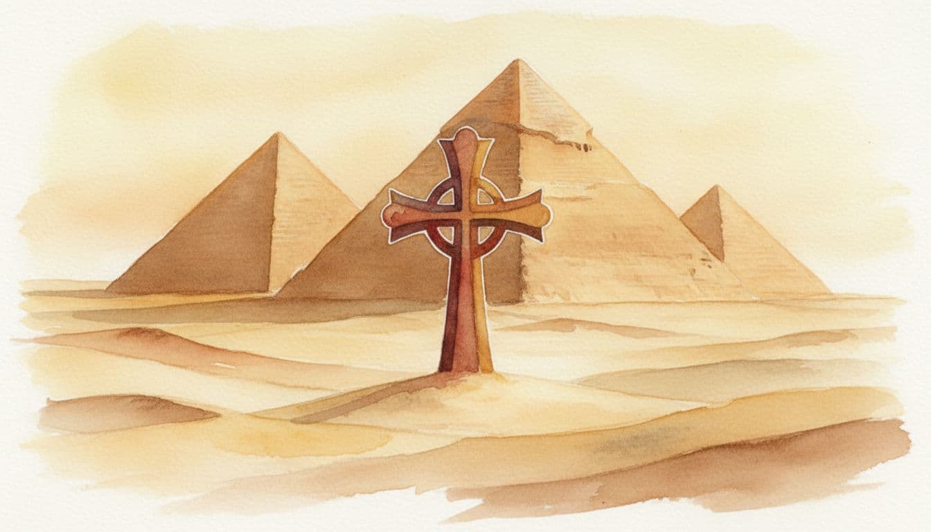 Coptic cross towers before Giza pyramids with foreground sand dunes in watercolor style and golden evening light.