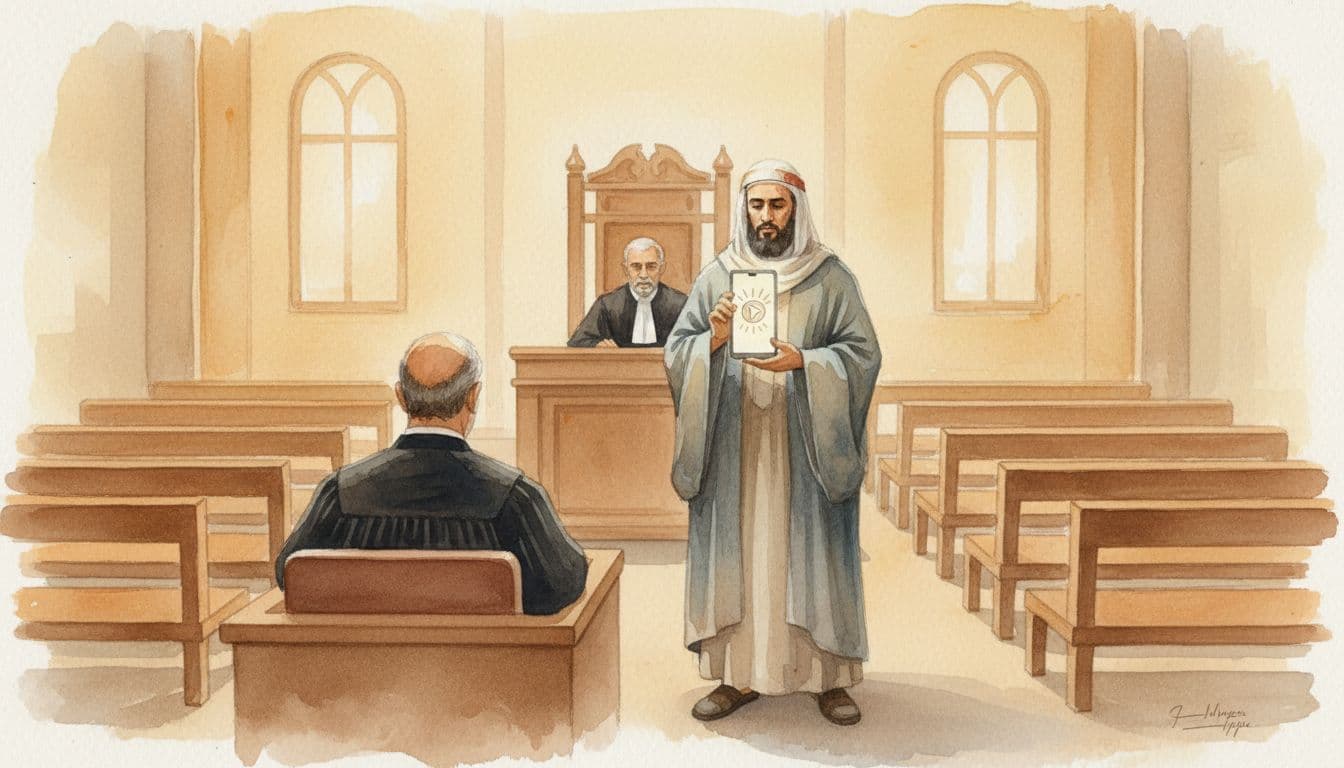 Coptic man in traditional clothing stands before judge in bright Egyptian courtroom with wooden benches, holding smartphone showing Christian video symbol.