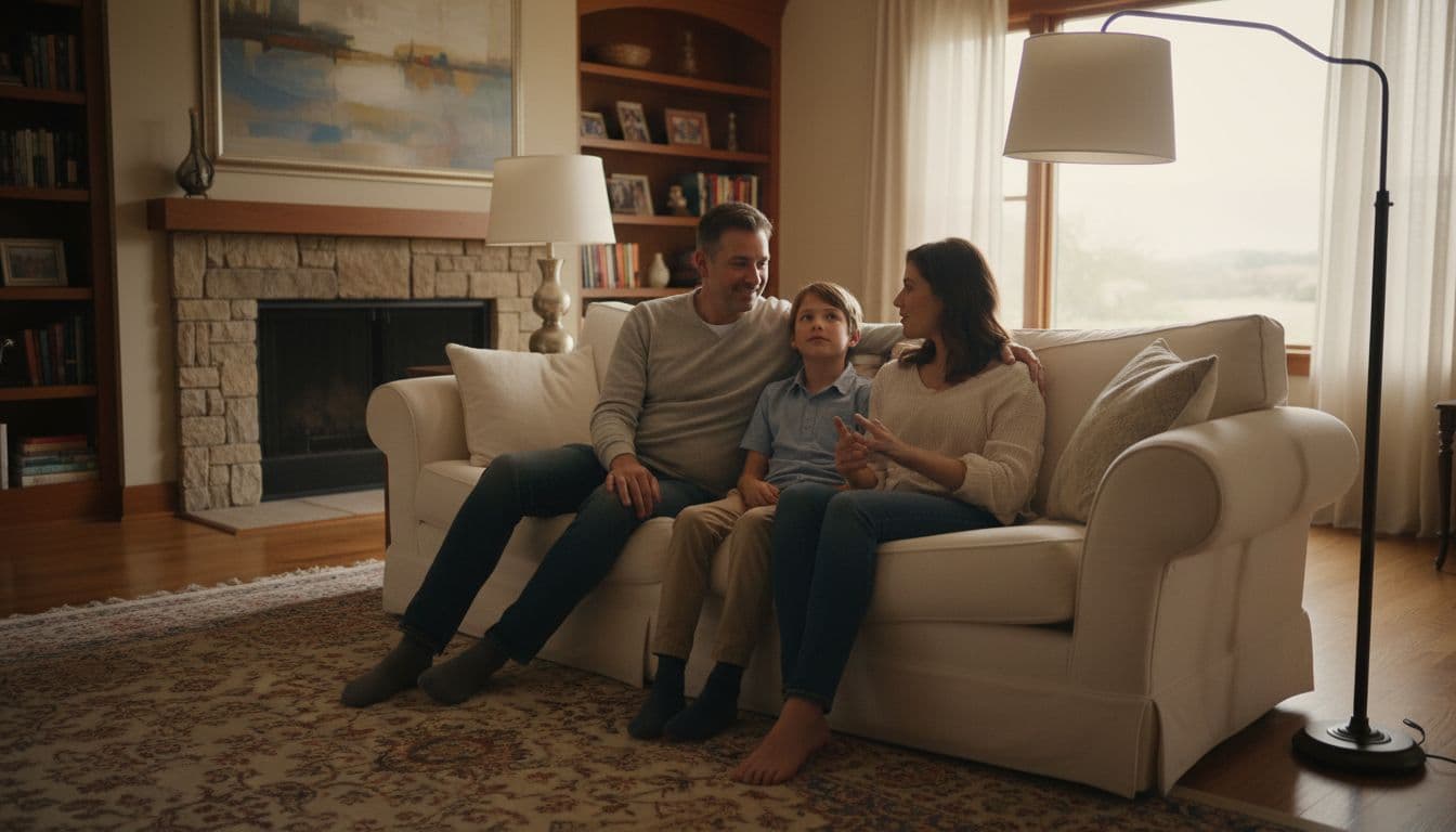 Parents and a young child sit together in a cozy living room, sharing a gentle open conversation with the child looking relaxed and heard under warm indoor lighting.
