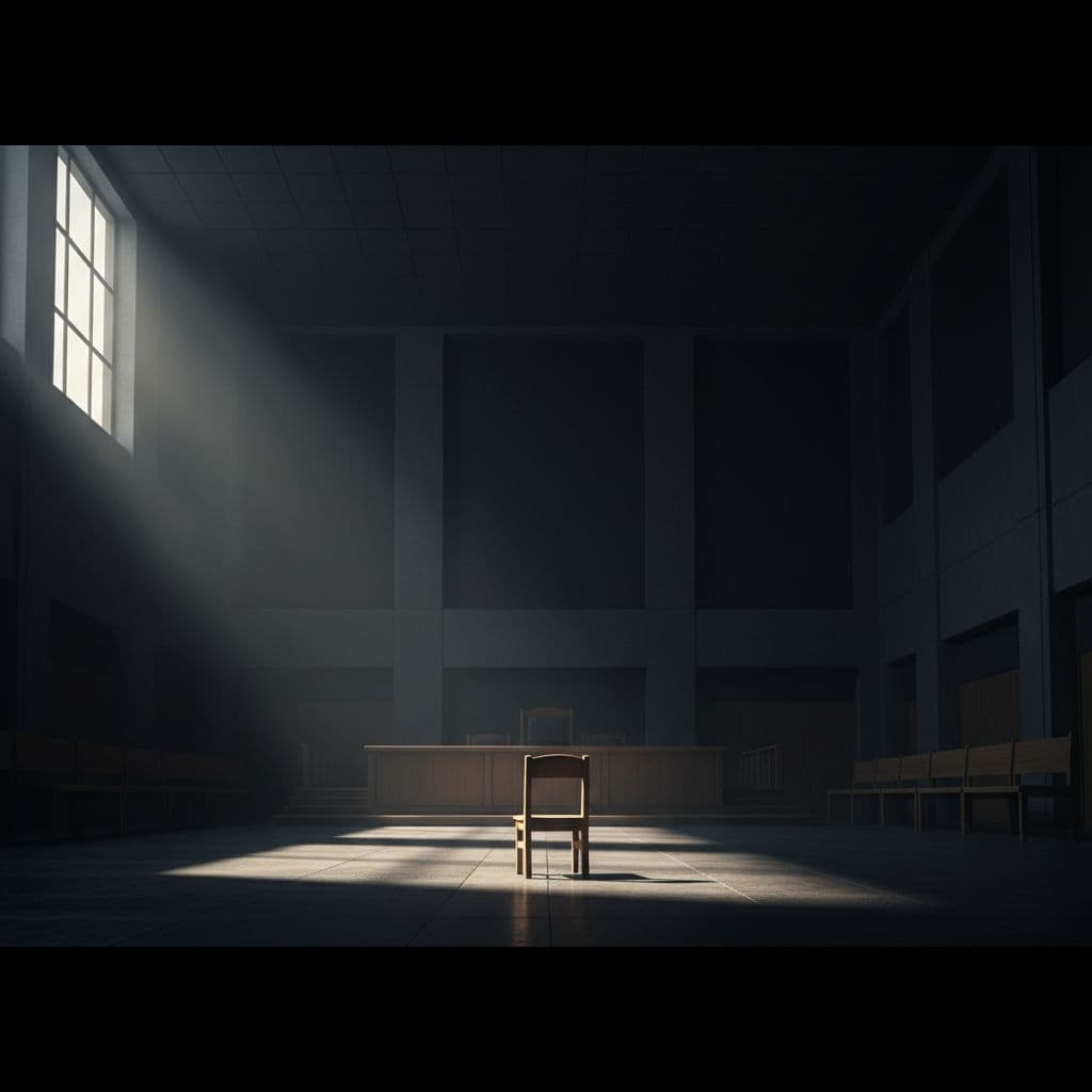 Dark minimalist courtroom with high ceilings centers on empty chair, side daylight casting long shadows.