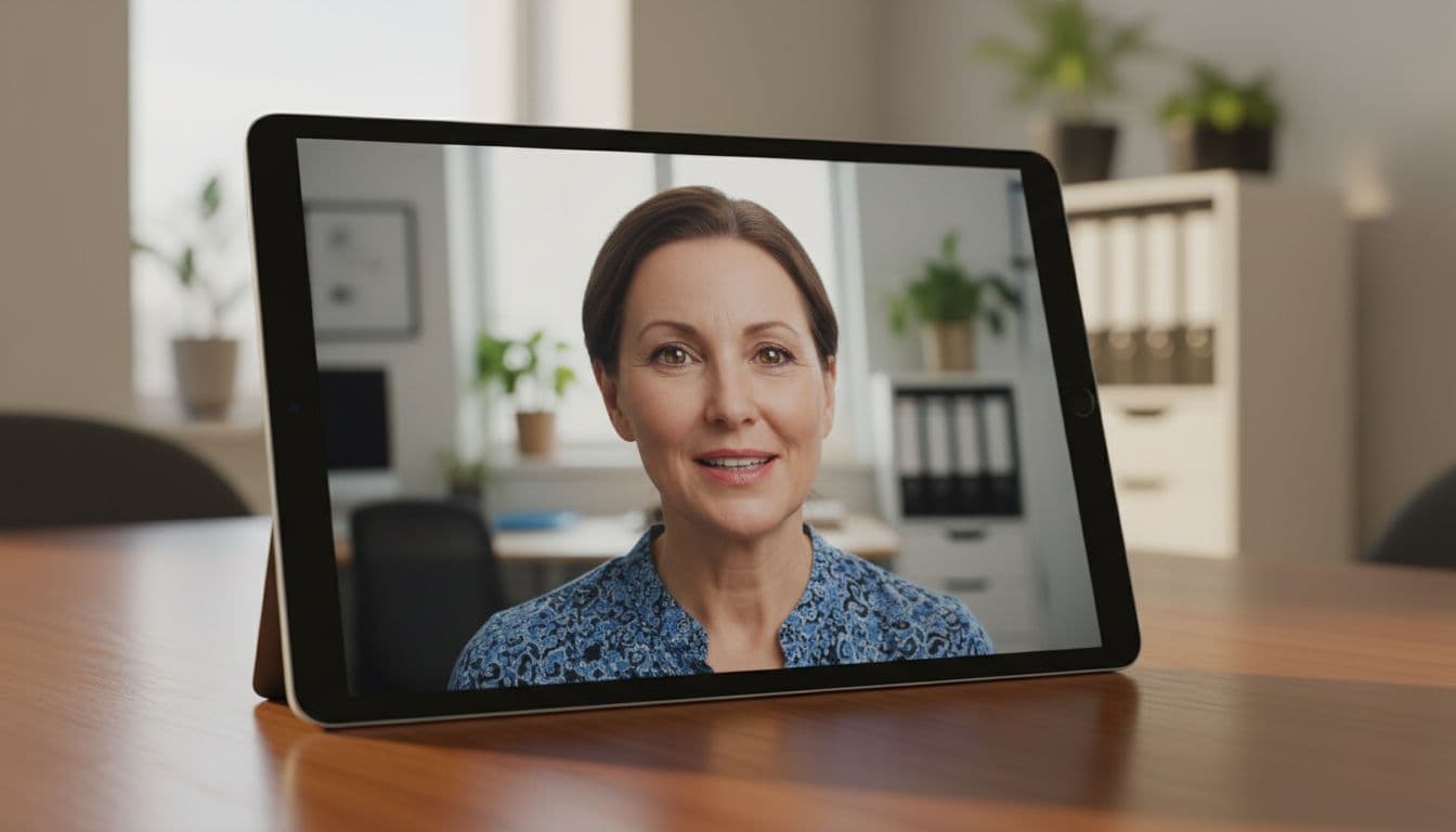 Tablet on wooden table shows video of speaking person with unnatural skin texture and eye reflections.