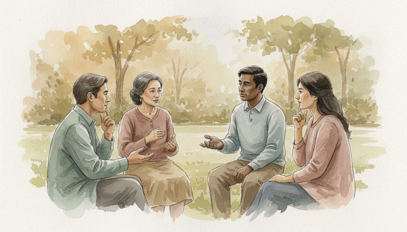 Five diverse people sit in a circle in a park, discussing respectfully in watercolor style with soft brush textures.