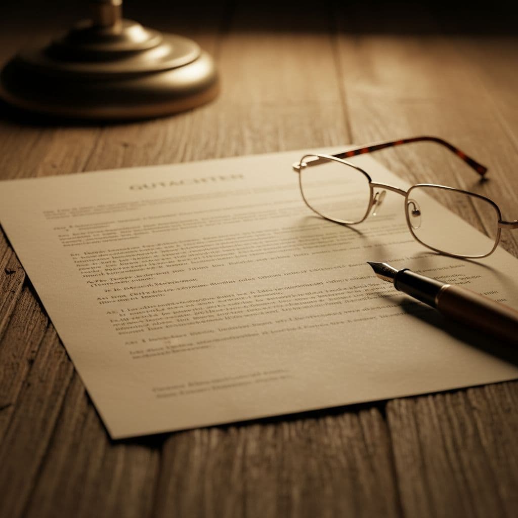 A close-up view shows a formal legal document resting on a rustic wooden table. Beside the paper, a pair of reading glasses and a sleek pen catch the warm ambient glow.