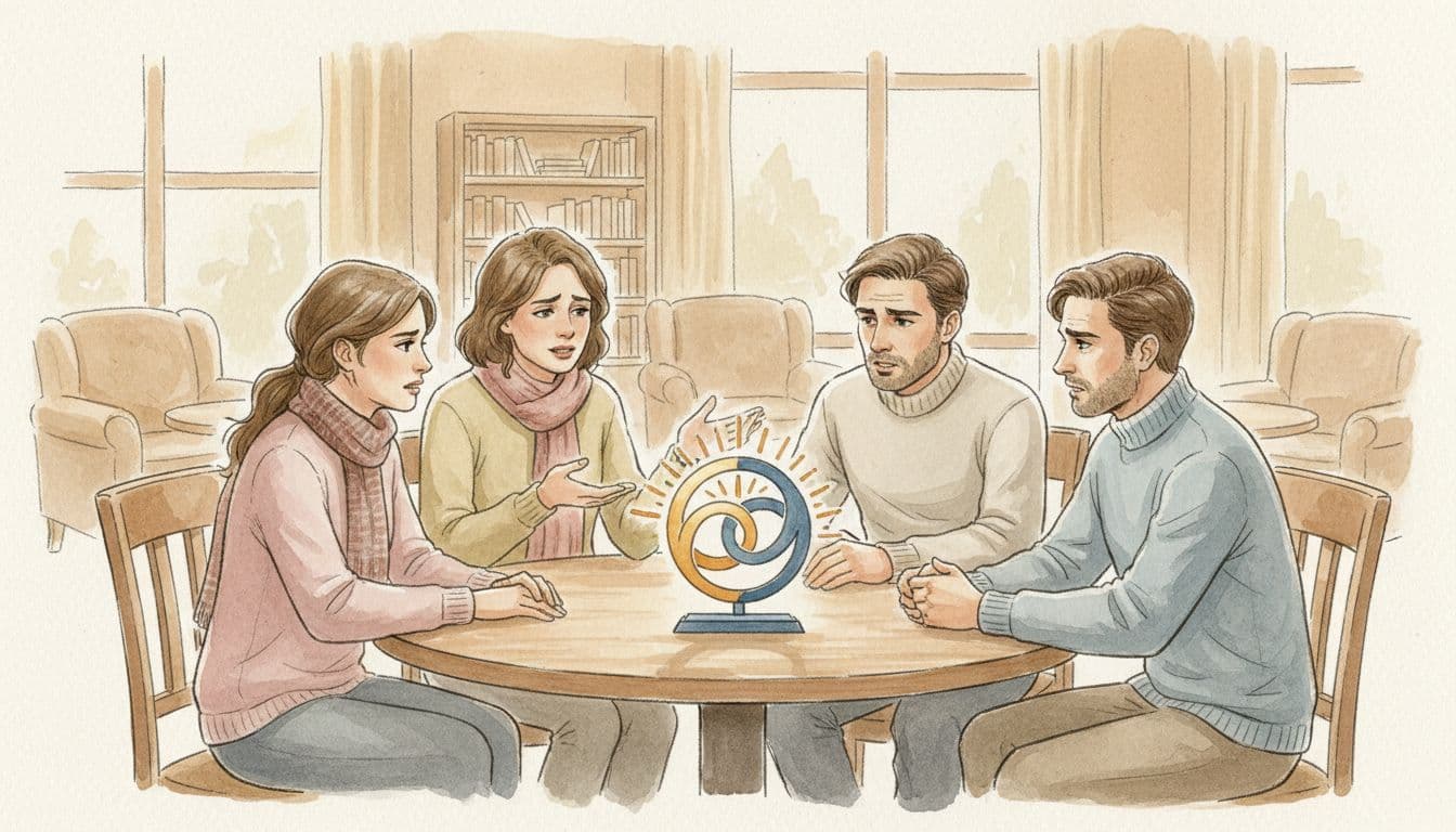 Four people in cozy café emotionally discuss religious community symbol.