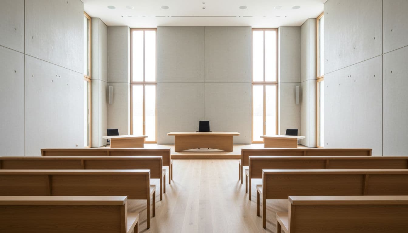 Empty modern German courtroom with wooden benches and judge desk in neutral daylight from windows.