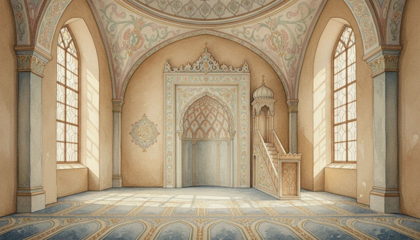Empty mosque interior with prayer rugs, mihrab, minbar, and soft light from high windows in watercolor style.