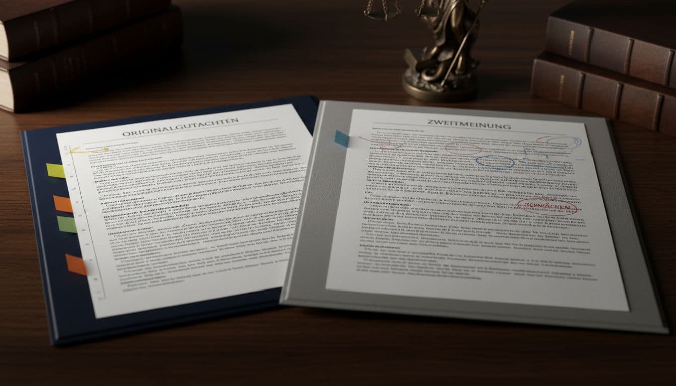 Two documents on dark oak table, one with notes, other marked.