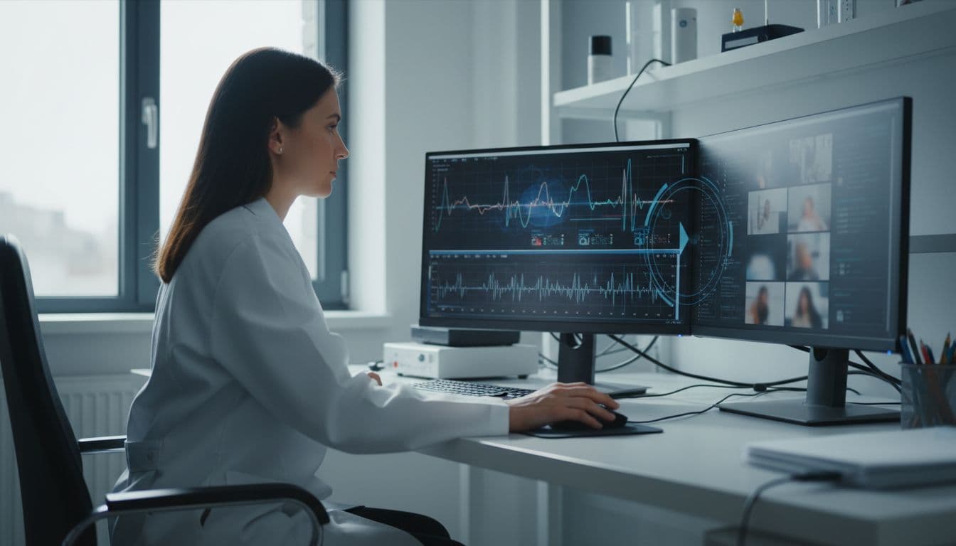 Forensic expert in white lab coat sits before two monitors comparing audio waveforms and video frames in modern lab.