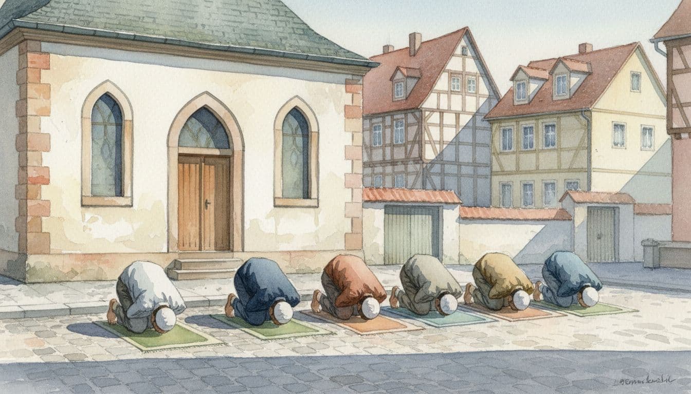 Five Muslim men kneel in prayer on a quiet Frankfurt street before a closed mosque, watercolor style.
