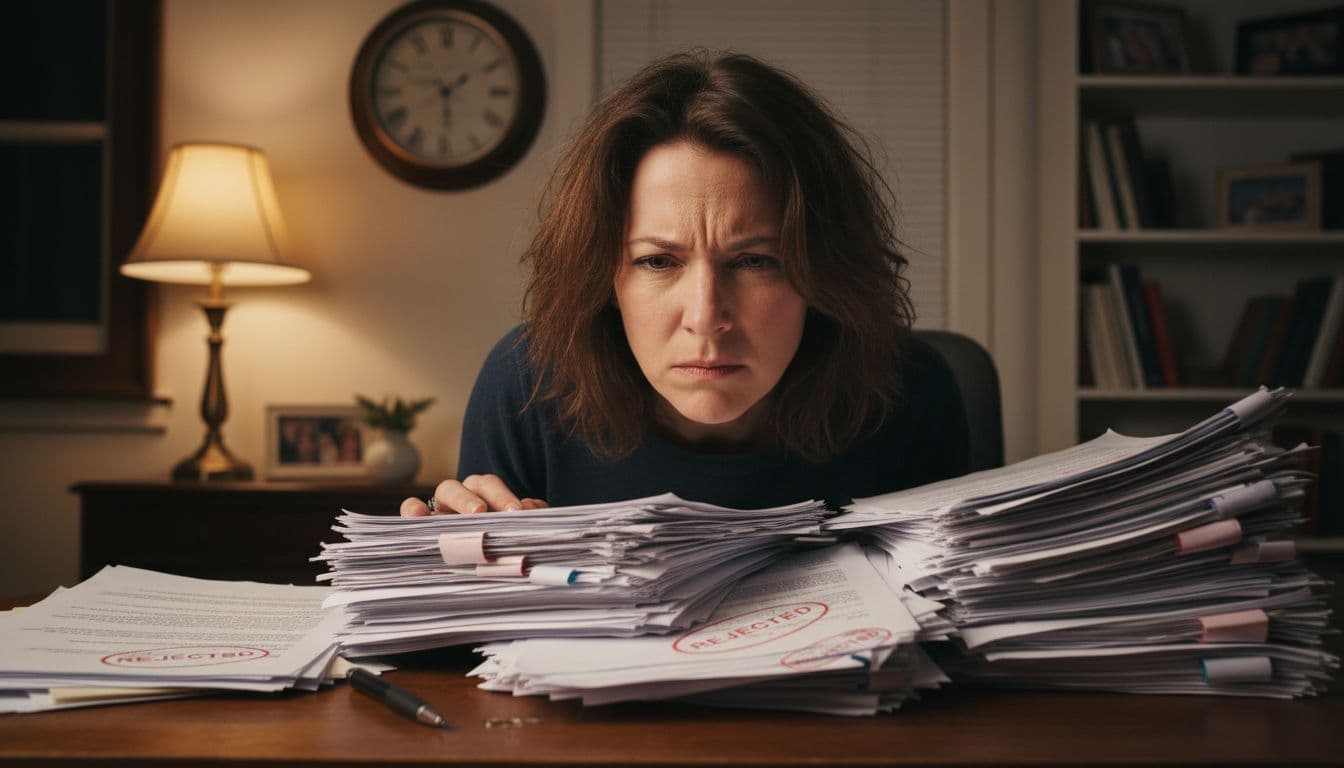 Parent sits frustrated at home desk with stack of red-stamped rejection papers, late clock in background.