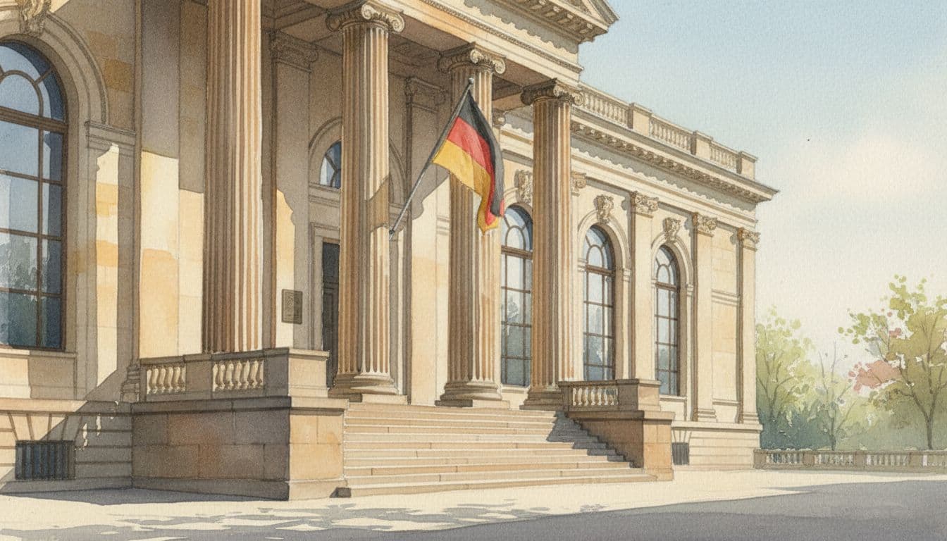 Watercolor of classical German court building with tall columns, German flag at entrance, empty steps in sunny spring weather.