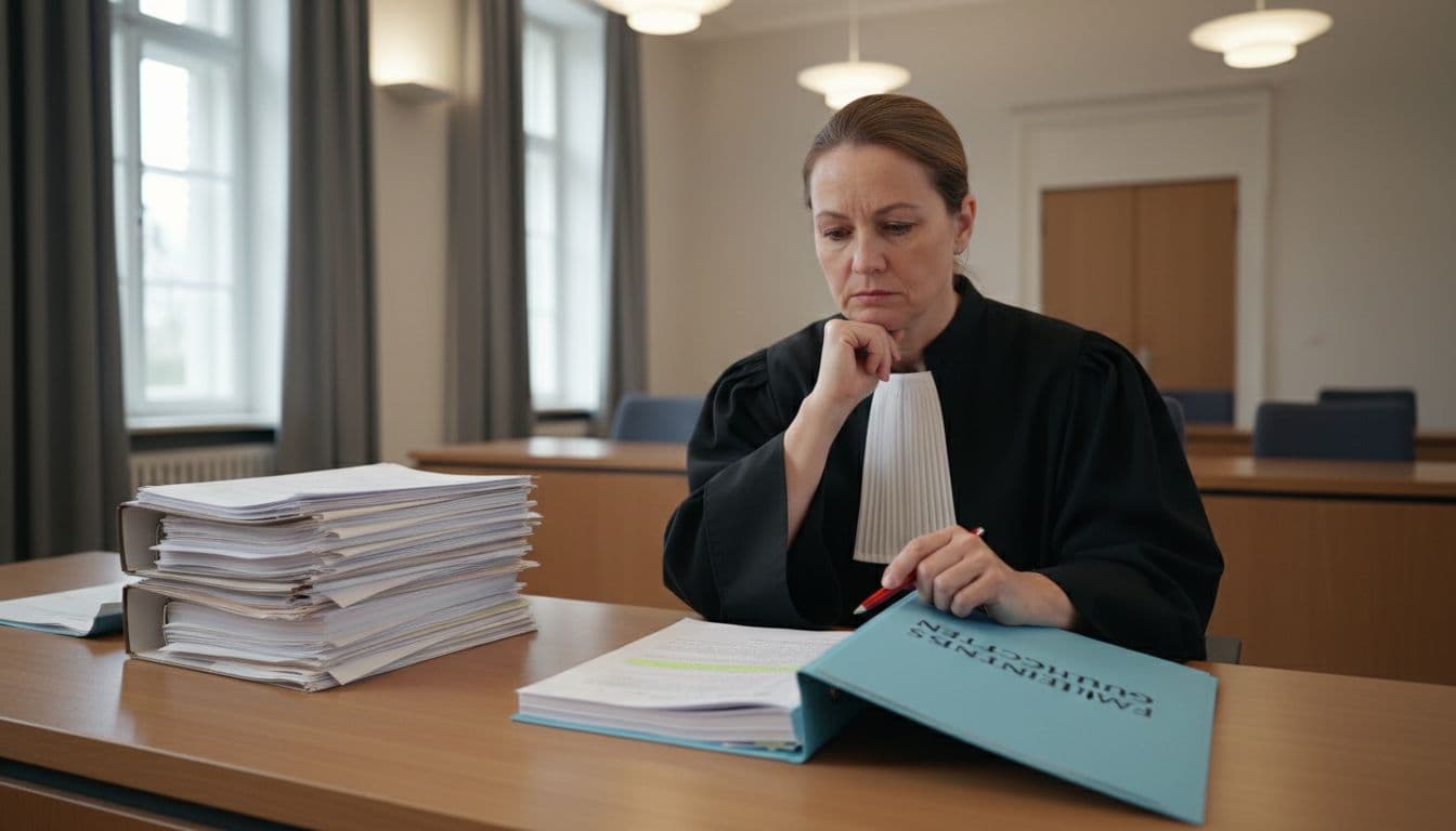Judge at bench in German courtroom reviews family law expert report with documents nearby.