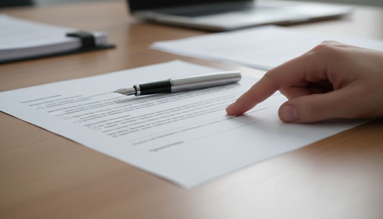 A person holds a pen over a document while hesitating to sign on a bright office desk.