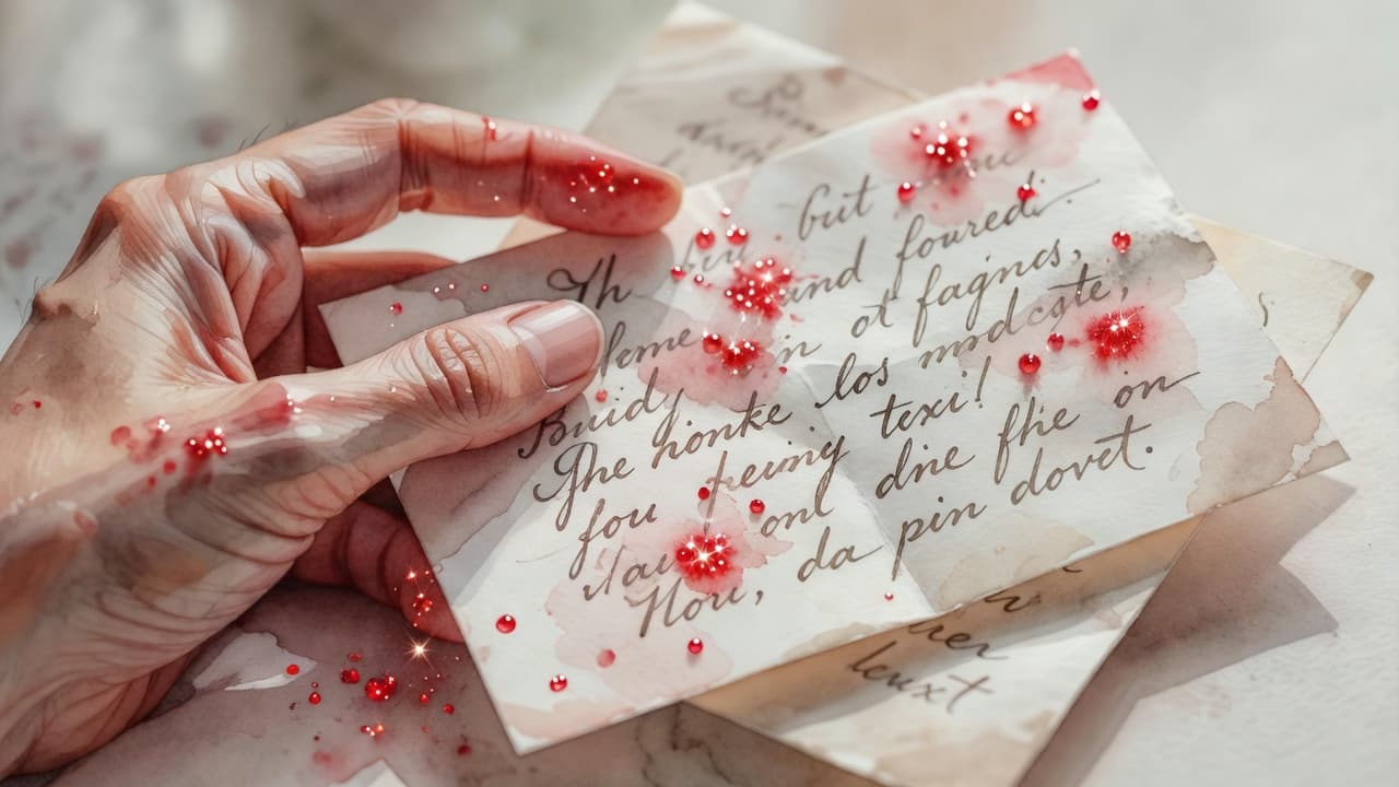 Eine Hand hält einen künstlerischen Aquarellbrief mit leuchtend roten Details.