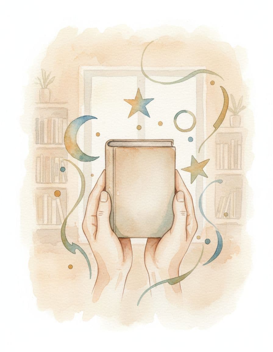 Two open hands hold a book surrounded by star and moon symbols in a calm study room, watercolor style with soft blending.