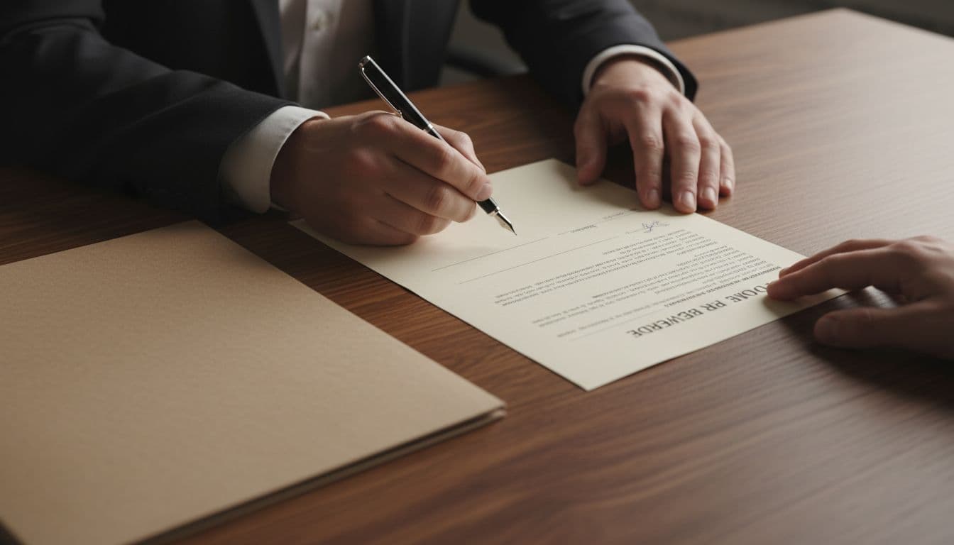 Two hands sign a formal document with a pen on a wooden desk beside a simple legal folder.