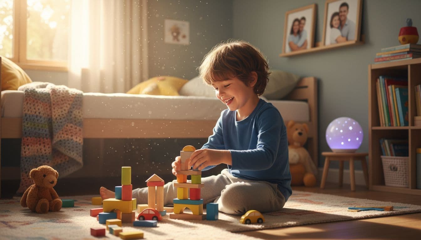 An 8-year-old child plays happily with toys in a cozy kids' room, family photos of parents visible in background.