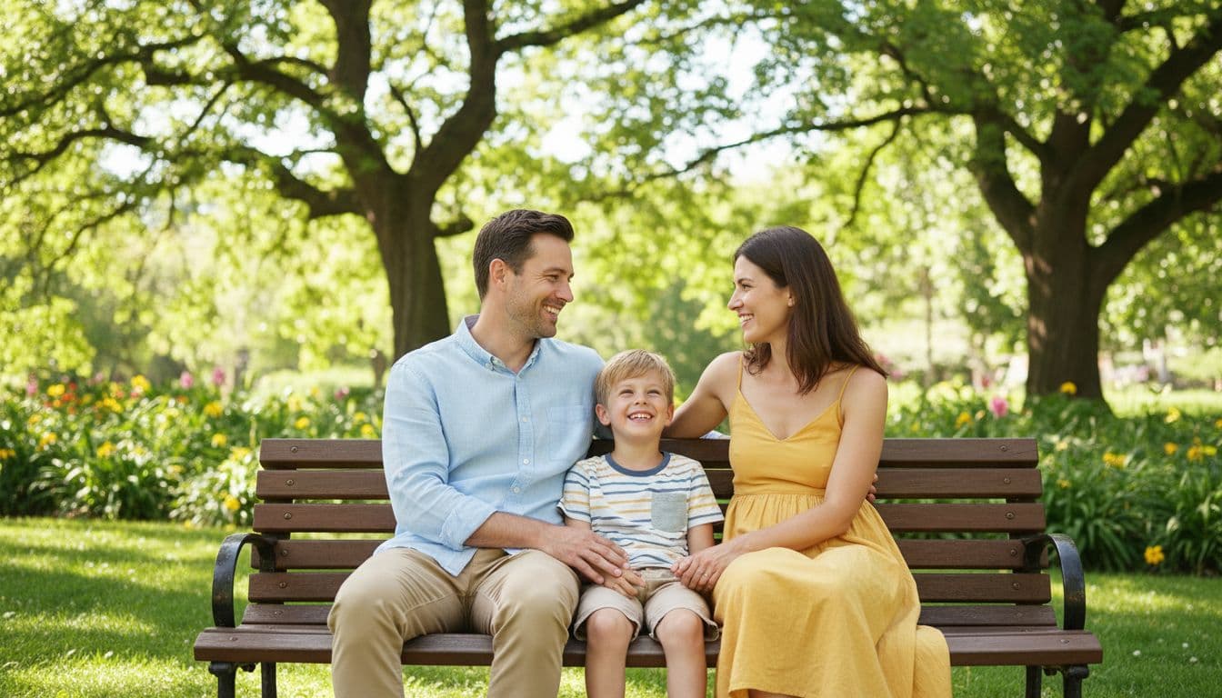 Child sits between smiling parents on park bench amid green surroundings on sunny day.