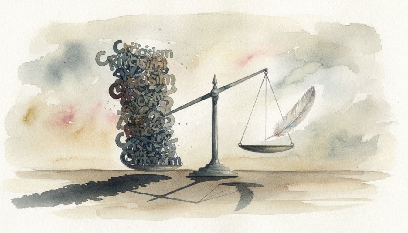 Watercolor scales of justice with one pan heavy from stacked words and the other light with a feather.