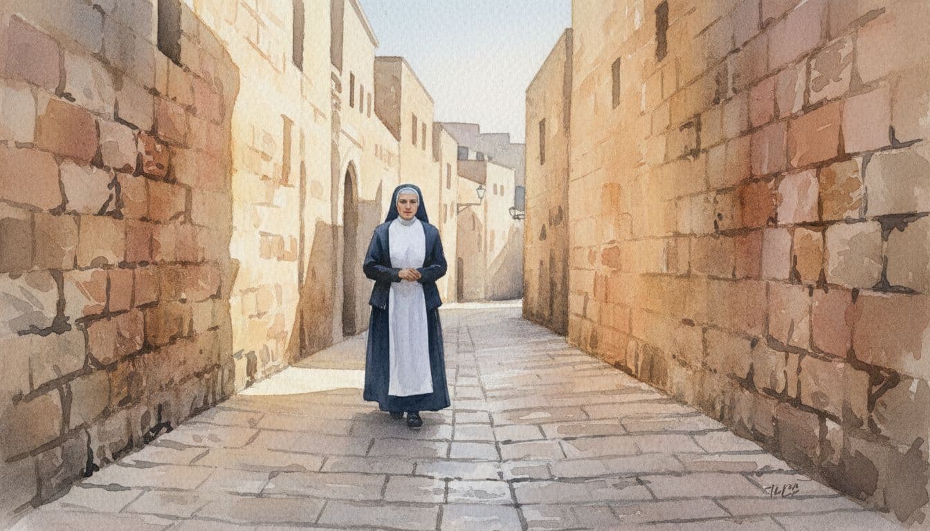 Lone nun in habit walks narrow alley with high stone walls in Jerusalem Old City under soft morning light.