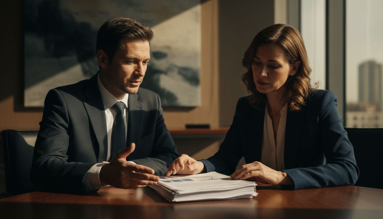 Jurist und Psychologin sitzen an runden Tisch in Meeting-Raum und besprechen Dokument bei dramatischer Beleuchtung.