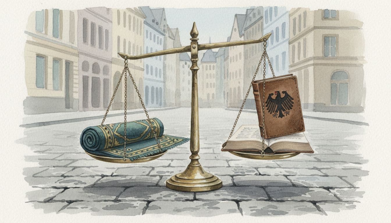 Balanced justice scale on Frankfurt pavement holds prayer rug left and open German constitution right, watercolor with blurred urban background.