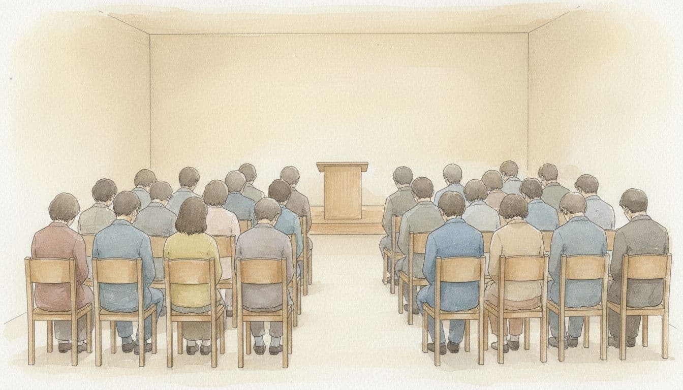 Group of 20 people sits in rows on chairs in plain hall with front podium, listening or praying.