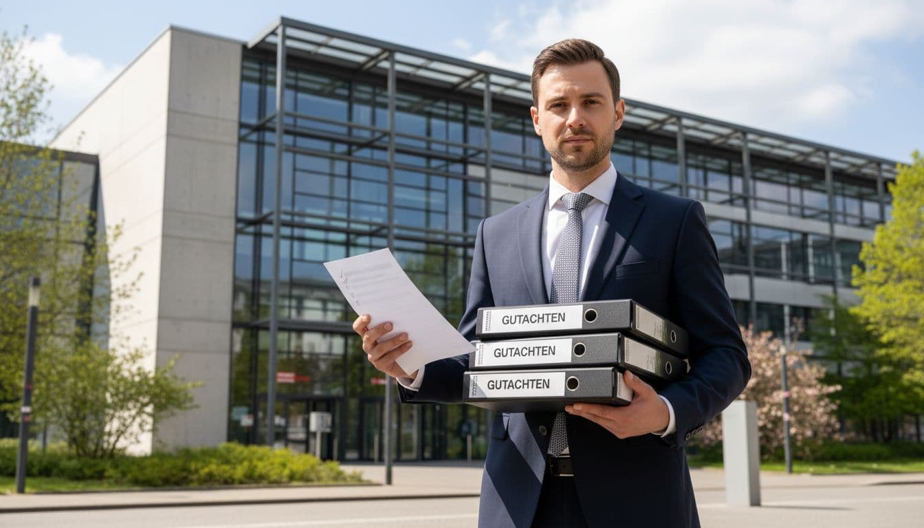 Suited lawyer holds checklist and folder before modern courthouse under sunny spring sky.