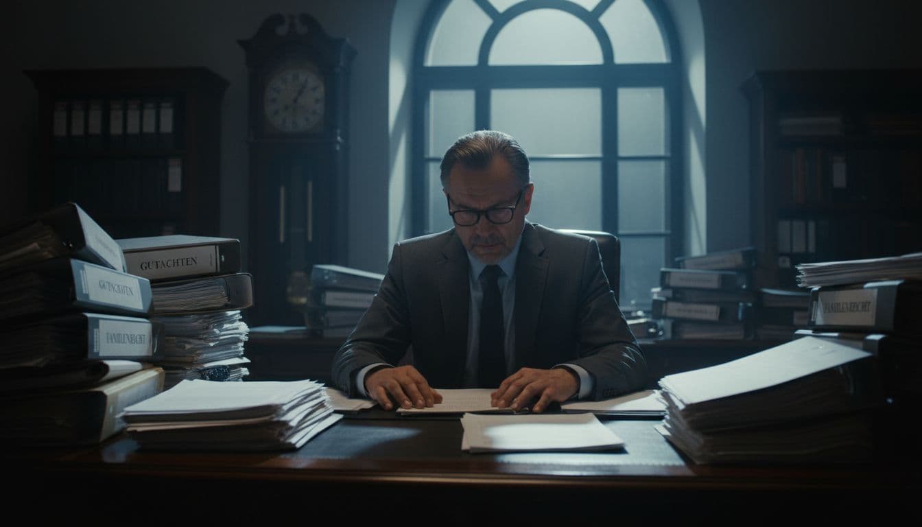 Middle-aged lawyer with glasses reviews document at wooden desk amid stacks of family law files in evening-lit office.